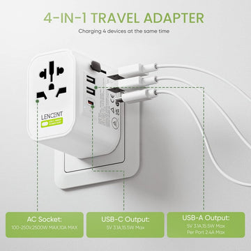 LENCENT 10A 2500W Universal Travel Adapter with 1 AC Socket, 2 USB 15.5W Ports, 1 Type C 15.5W Port, Grounding International Power Adapter with UK/USA/EU/AUS Plug - Imported from UK